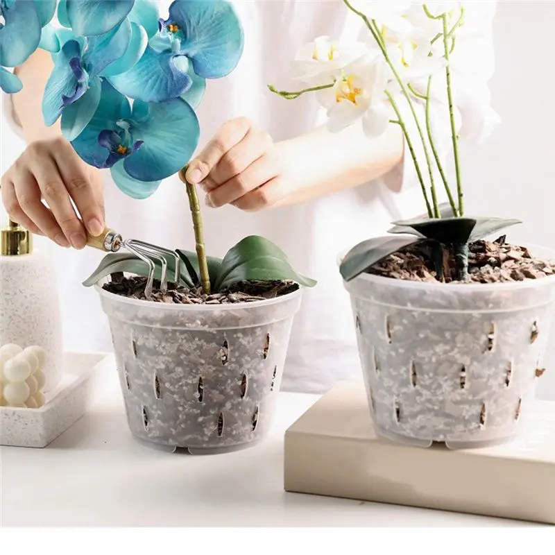 AC88-7 Inch- 5 Pots And Saucers Orchid Pots With Holes Clear Plastic Orchid Pots For Repotting