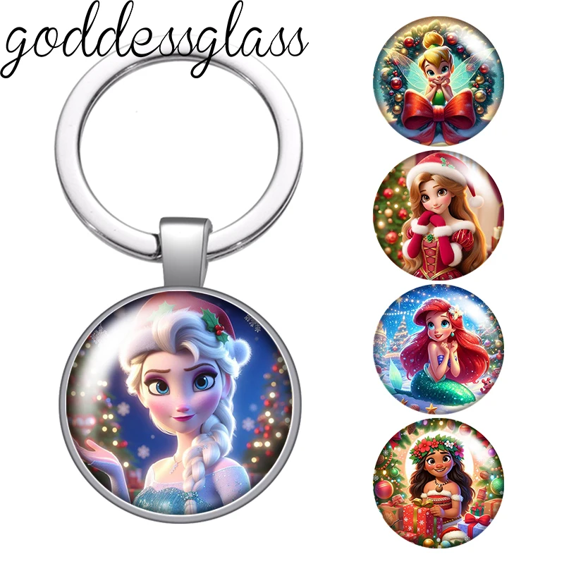 

Disney Christmas Princesses Belle Elsa Alice Photo glass cabochon keychain Bag Car key chain Ring Holder Charms keychains gift