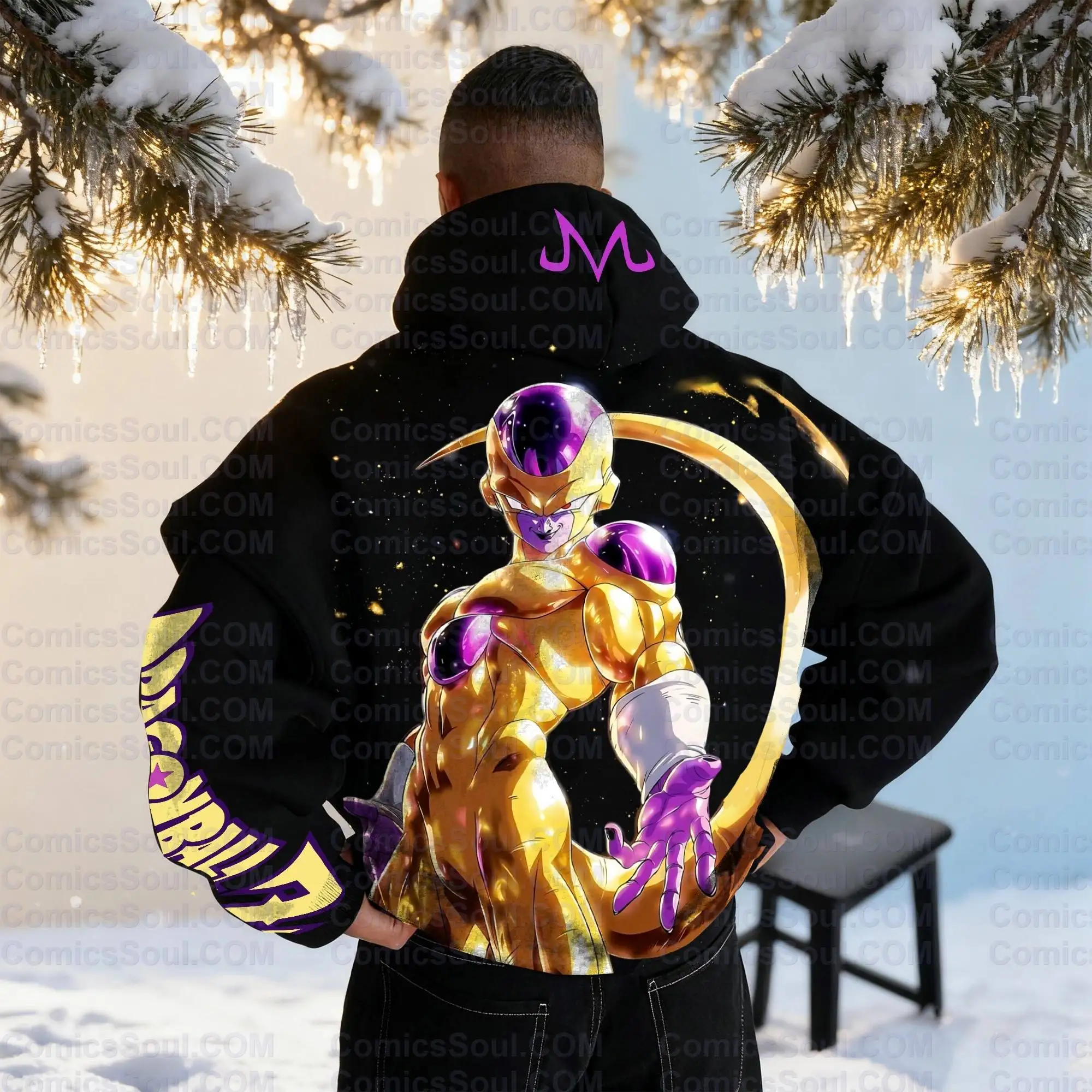 Dragon Ball Z Frieza Conjunto de sudadera con capucha negra Sudadera de algodón con efecto energético morado con estampado en la espalda y diseño de logotipo M