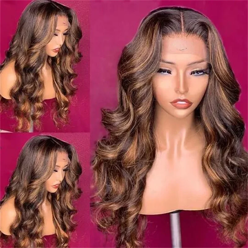 

Highlight Blonde Brown Long Soft 28" Wave 5x5 Silk Base Natural Jewish Human Hair Wig With Baby Hair HD Lace European Preplucked