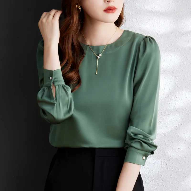 Green O Neck Shirt Women Formal New Spring Autumn Temperament High End Long Sleeve Satin Blouses Office Ladies Work Clothe Tops