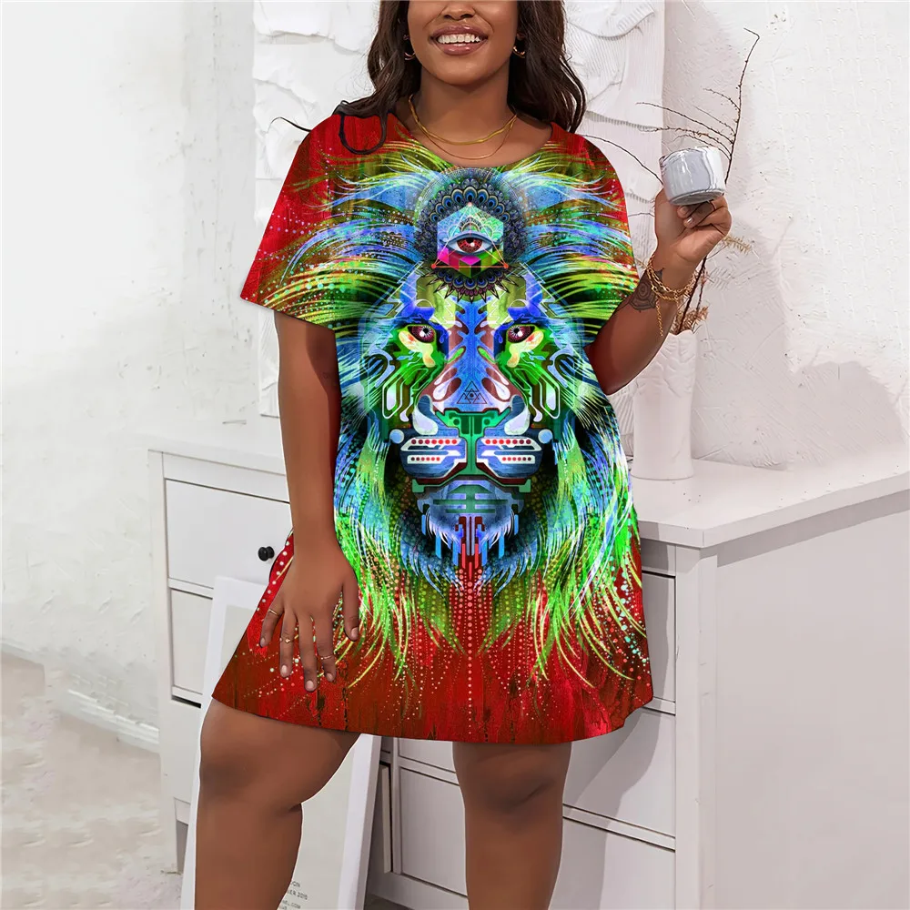 Hip Hop Lion 3D Printed Dresses For Women Clothes Fashion Abstract Painted Streetwear Short Sleeve Casual Plus Size Loose Dress