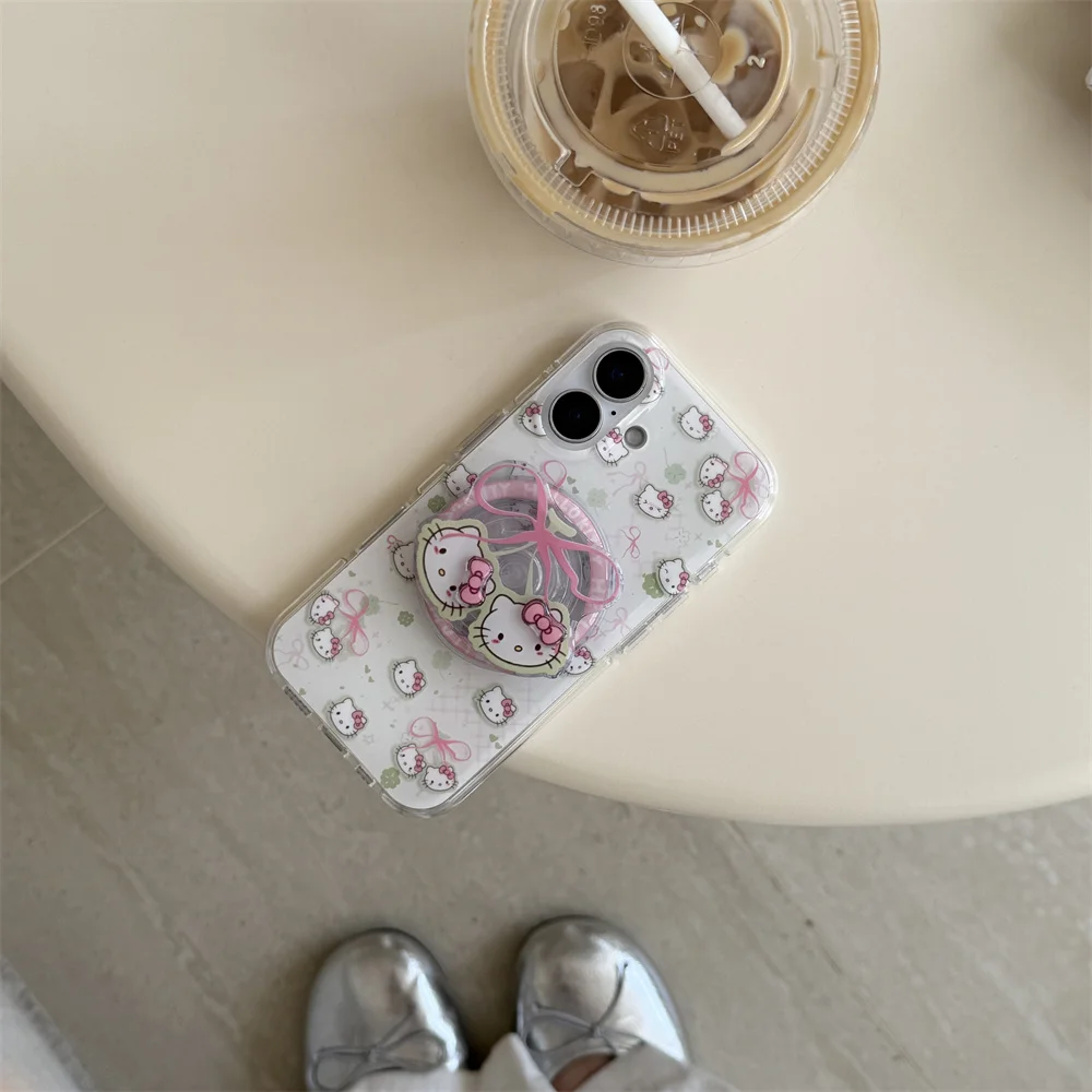 かわいいリボンのハローキティ、iPhone 14、15、16 Pro Max、14 Pro対応の新型スマホケース、マグネット式スタンド付き耐衝撃保護カバー1