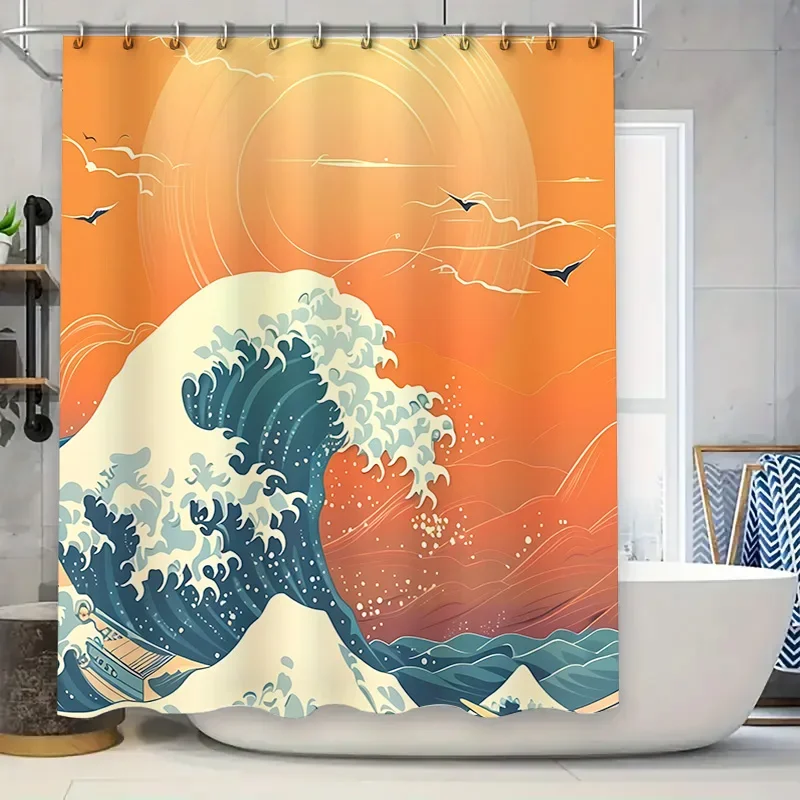 

Elegant Japanese Wave Shower Curtain Artistic Bathroom Decor Unique Design Waterproof Durable for Stylish Home Upgrade