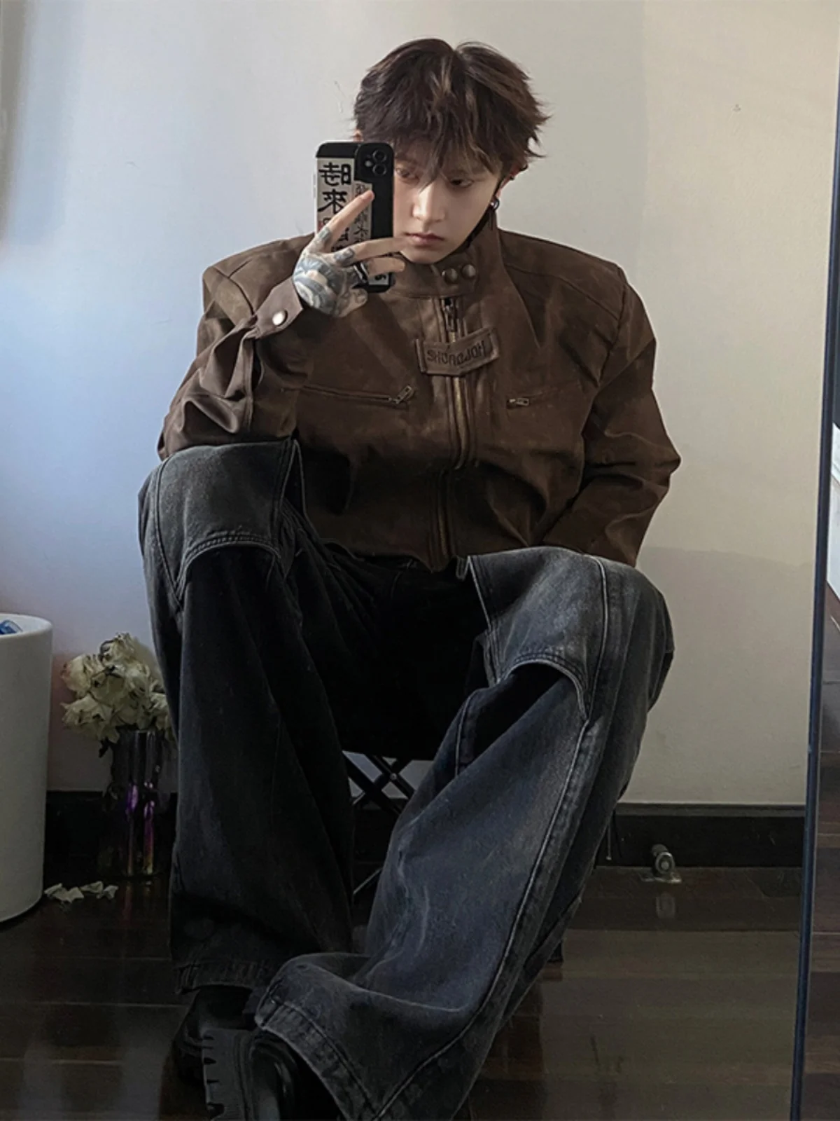 

American Sle Retro Pilot Jaet Men's Autumn Cleanfit Stand Collar Padded oulder Motorcycle Leather Jaet Youth Trend