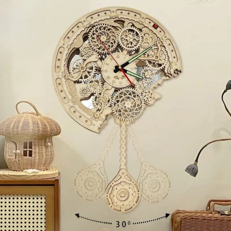 Creative Retro Wall Clocks Living Room Luminous Hands Wall Clocks Wooden Gear Pendulum Wall Clock Artistic Luxury Home Decor