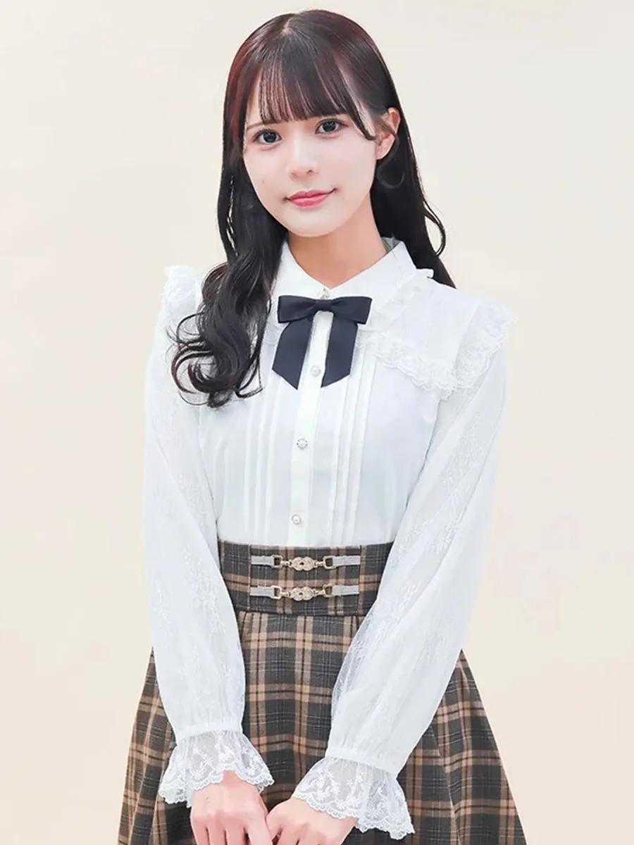 

Sweet Japanese Sle Long Sve irt with Lace Splicing And Knot Decoration Women's Premium Faion irt