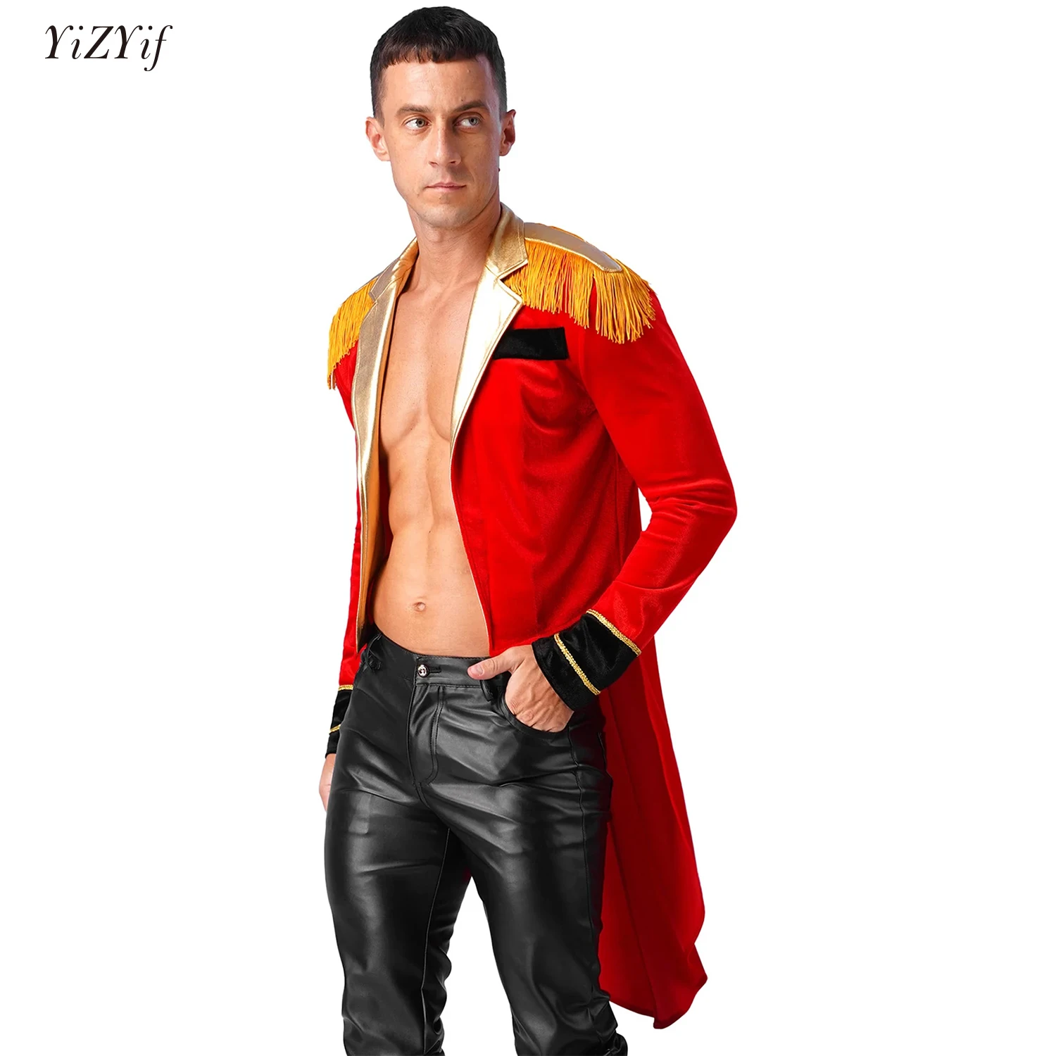 

Mens Halloween Party Cosplay Circus Ringmaster Costume Metallic Lapel Velvet Showman Jacket Tailcoat Tassel Swallow-Tailed Coat