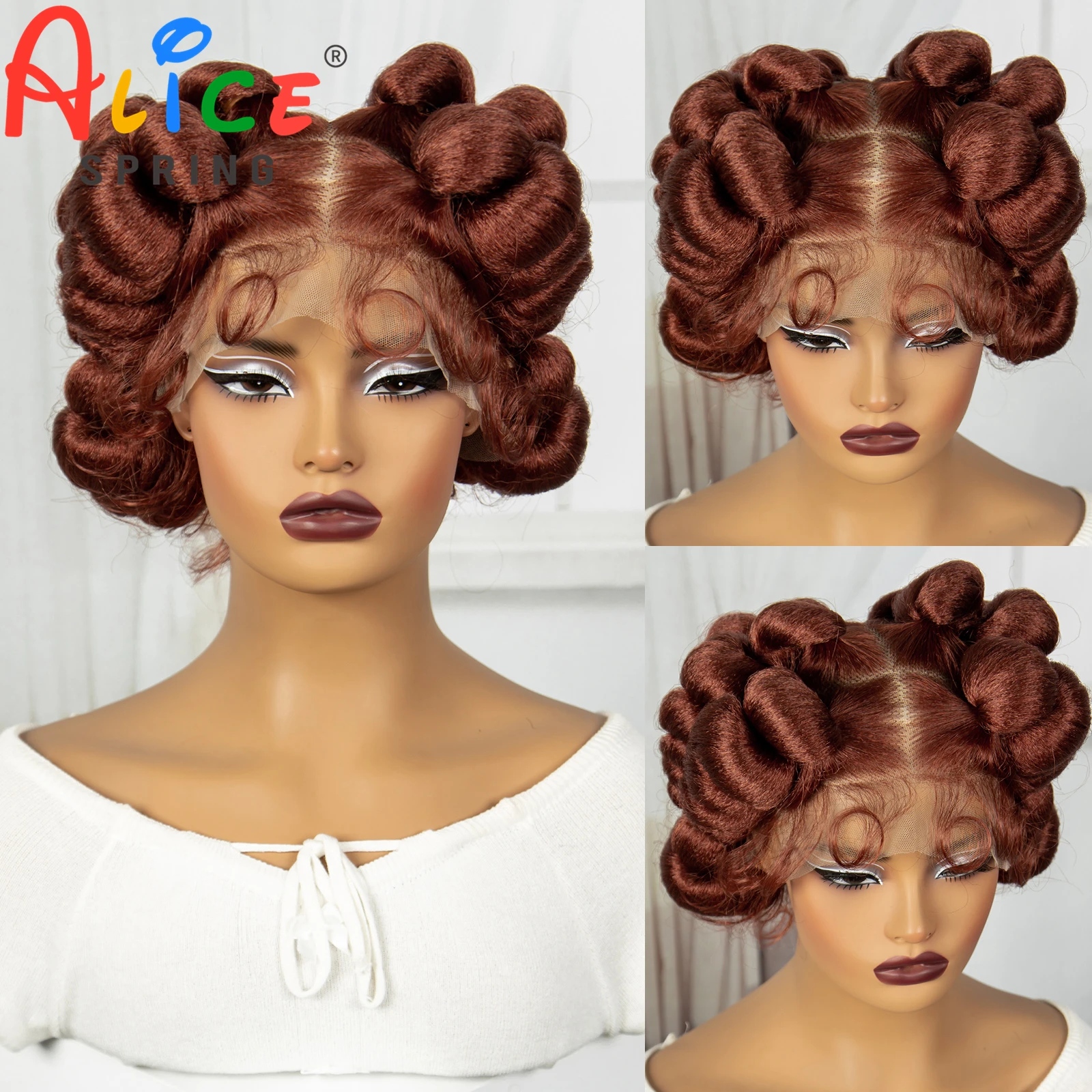 350# Ginger Full Lace Handmade Bantu Braided Wigs Short Cute Synthetic Braided Lace Wigs For Black Women Knotless Braids Wigs