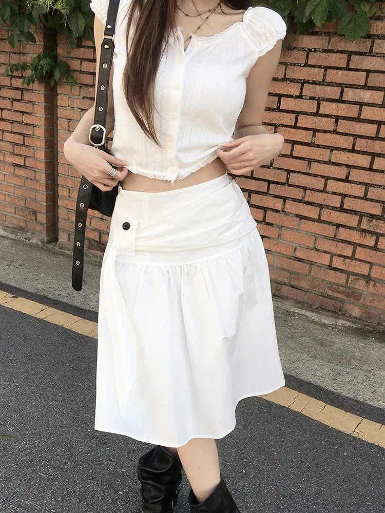 Slimming High Waist Midi Skirt Elegant Ageless White Dress Women's Fashion Summer Item Petite Girls A-Line Skirt Polyester