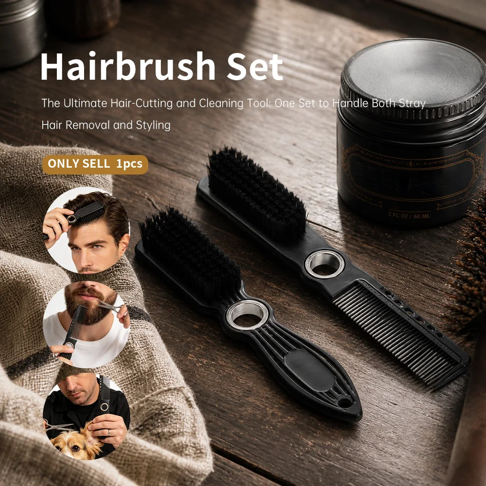 2-in-1 Retro Barber Brush and Hair Comb, Non-Slip Handle Men's Hair and Beard Styling Texture Brush, Portable Salon and Home Hair Trimming and Debris Cleaning Tool, Multifunctional Hair and Beard Daily Grooming Tool