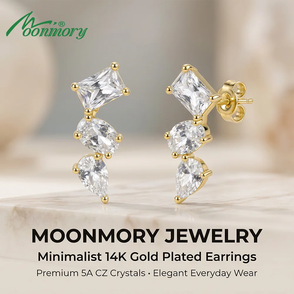 Moonmory Minimalistische Luxusmarken Birnen-, Oval- und Rechteck-Schliff Huggies-Ohrringe für Damen, 5A Messing, 14K Doppelvergoldet, Geschenk-Ohrringe – Detail 2