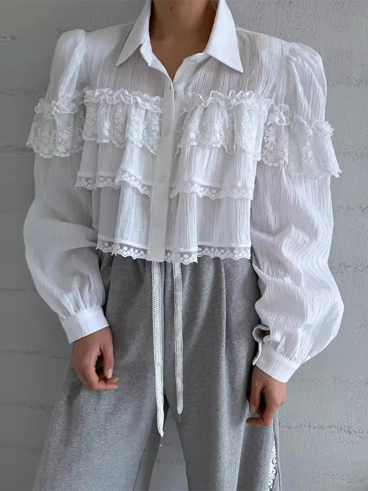 

Korean Chic Shirts Lace Patchwork Folds Solid Color Long Sleeve Crop Tops Fashion Design Loose Blouses 2025 New Women's Clothing