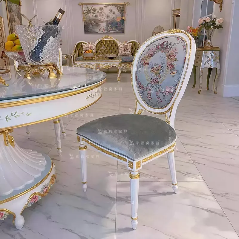 Neoclassical Solid Wood Carved Floral Dining Chair with Embroidered Fabric for Studio Makeup Reading Hotel Clubhouse Use