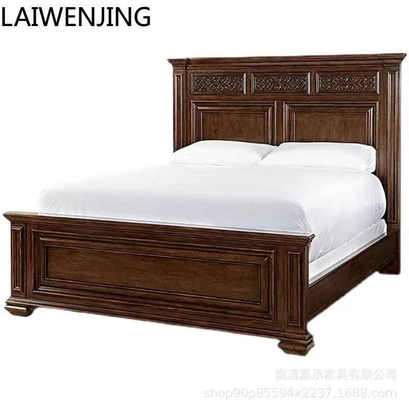 

HLZ rustic solid wood bedroom double bed 1.8 meters retro old carved bed oak furniture