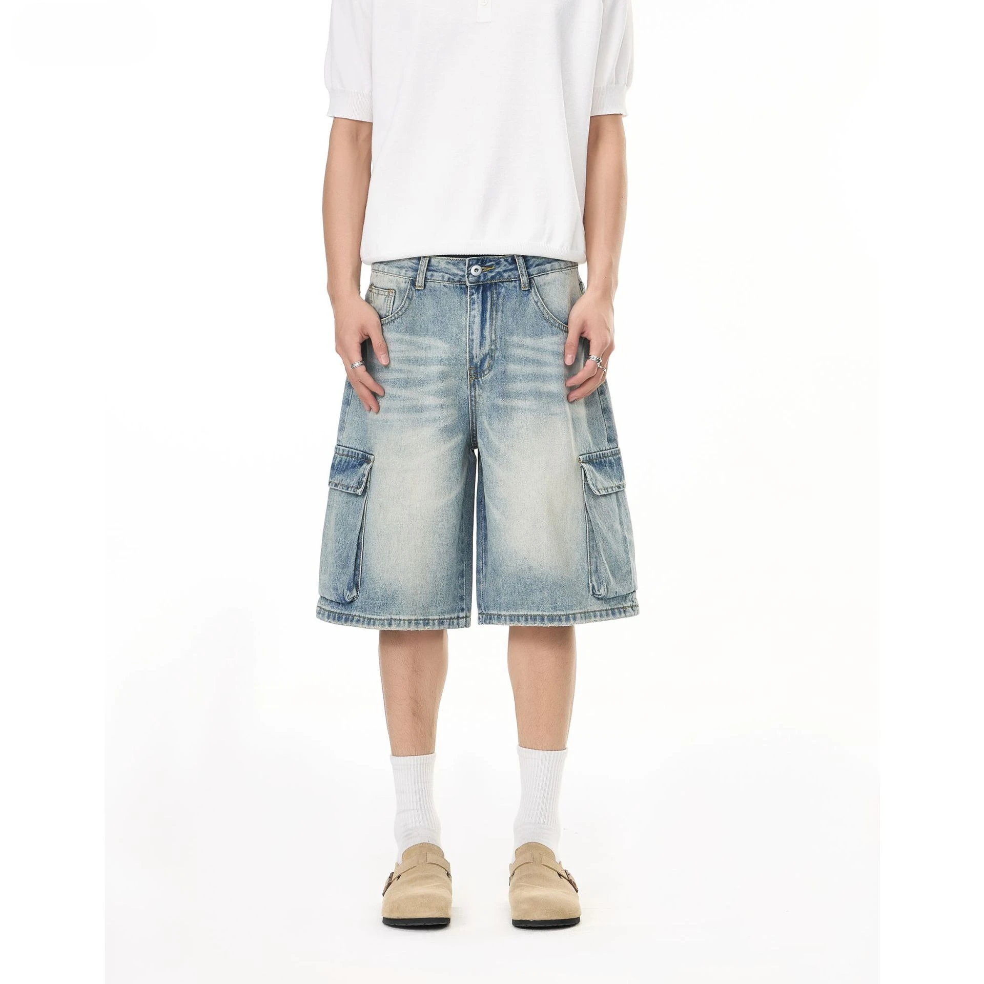 2026 Summer New Products Men's Washed Cat Whisker Tooling Denim Shorts Straight Loose and Old Five-point Medium Pants