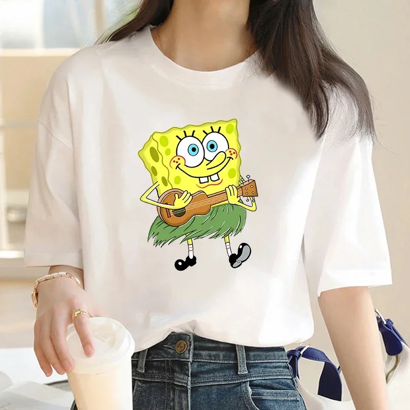 Retro Cartoon Funny Piestars and SpongeBobs Print Cotton T-shirt Women's Boys and Girls T-shirt Casual Street Sports Top