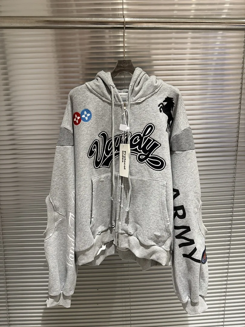 Fashion Brand 25FW Collab Zip Up Hoodie Vintage Distressed Patchwork Horse Embroidery Oversized Streetwear Hoodie Men