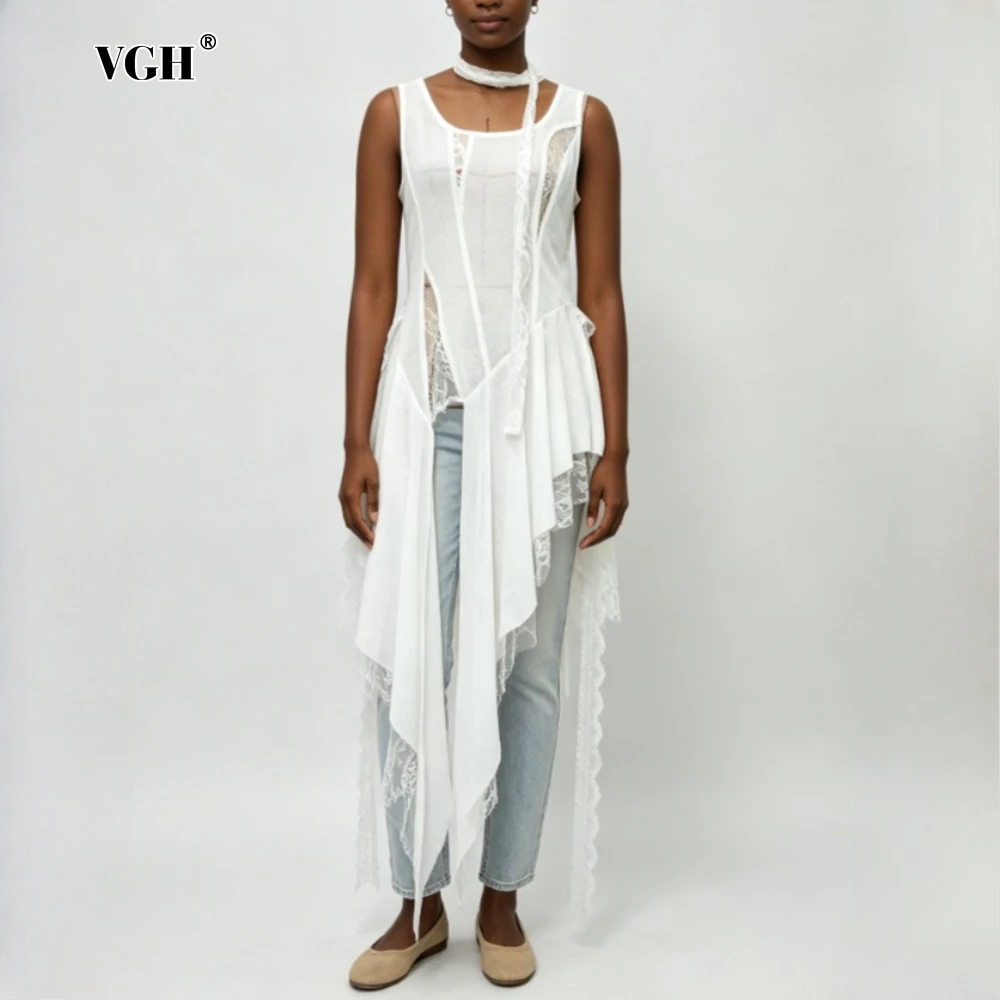 VGH Solid Loose Spliced Lace Chic Vests for Women O Neck Sleeveless Irregular Temperament Vest Female Summer Fashion Style New