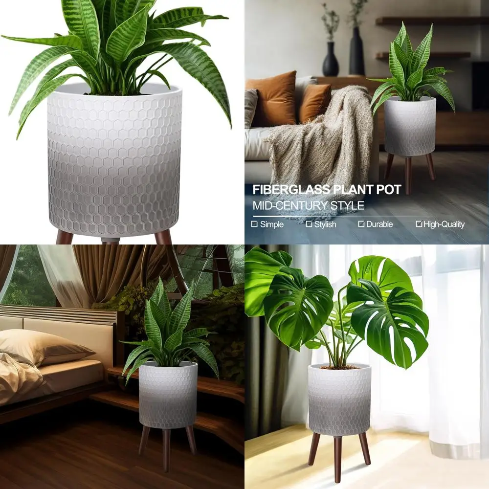 

12 Indoor Plant Pot with Walnut Stand, Honeycomb Embossed, Drainage Holes, Modern White Gray Gradient