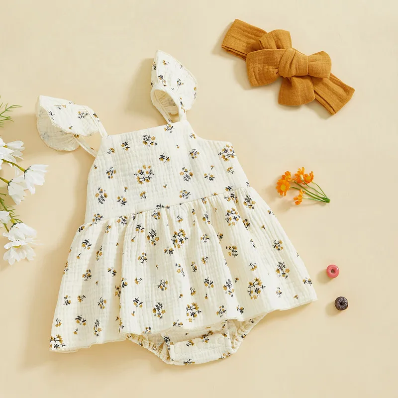 0 to 18 Months Baby Girl Bodysuit Summer Clothes Ruffle Sleeveless Square Neck Floral Jumpsuit with Headband Newborn