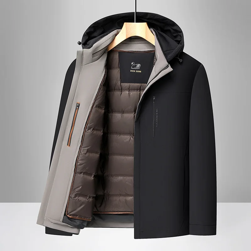 

High Quality 90% White Duck Down Jacket Men Business Detachable Liner Down Coat Winter Hooded Outwear casacas para hombre JK-185