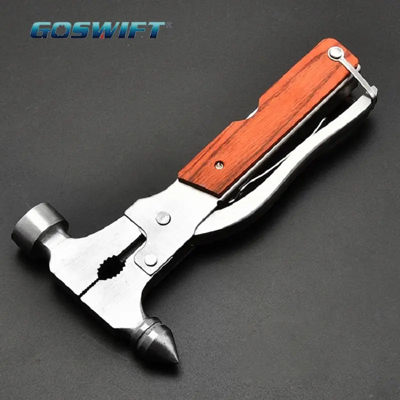 14-IN-1 Wood Steel Handle Multi function Pliers Hammer Knife Saw File and Screwdriver In One Camping Tools