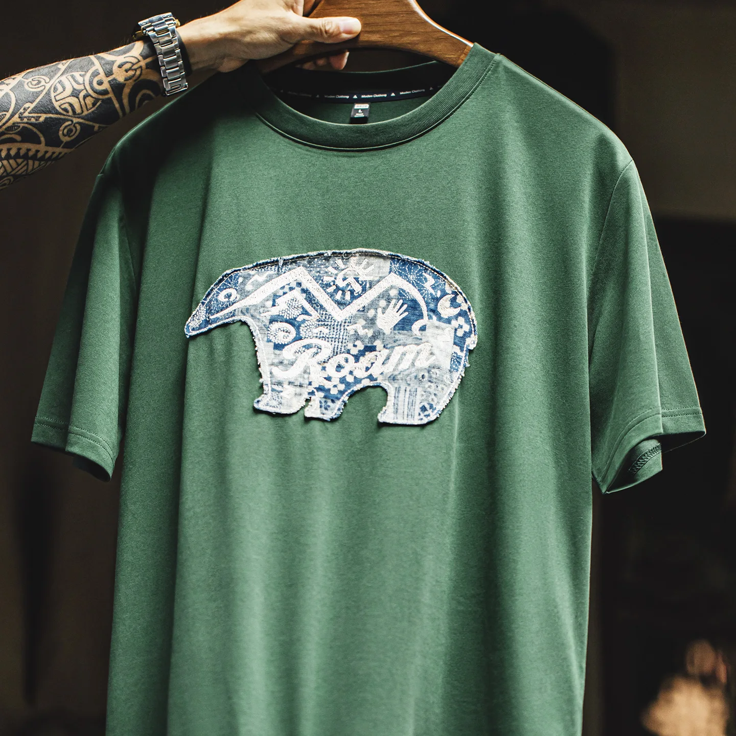 MADEN American Vintage Men's Short Sleeve T-Shirt Green Heritage Patchwork Applique Ethnic Knitted