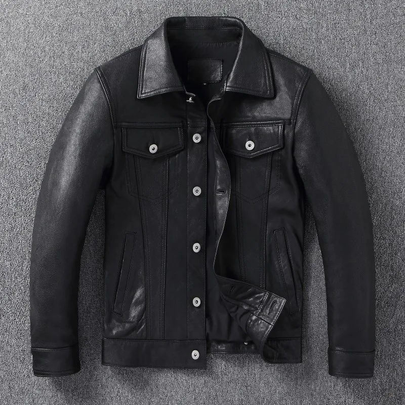 Men Uncoated Veg Tanned Goatskin Genuine Leather Jacket, Heavy Washed Distressed 507 Workwear Lapel Short Leather Outerwear