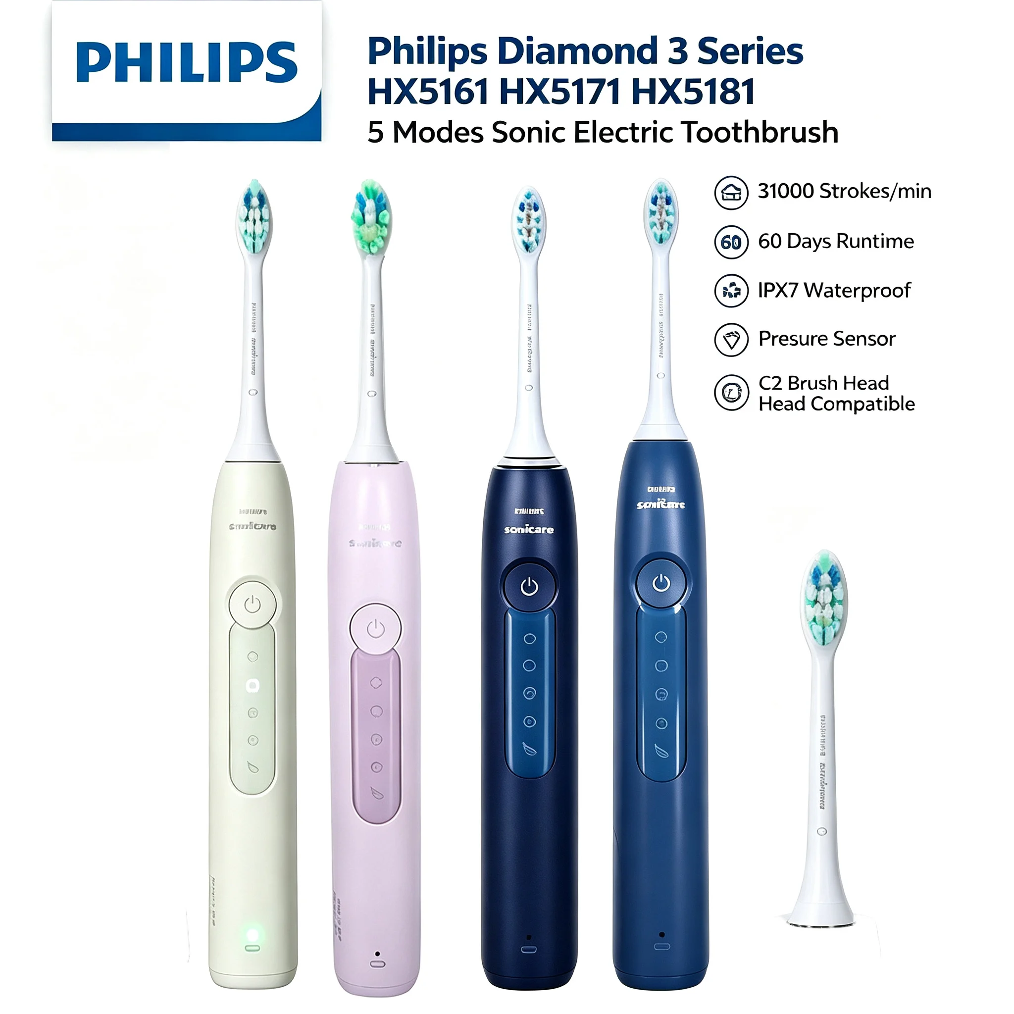 Philips Sonicare HX5161 HX5171 HX5181 Diamond 3 Series Sonic Electric Toothbrush 5 Modes Pressure Sensor IPX7 Waterproof