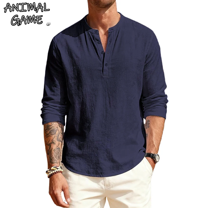 Animal Game Herren-T-Shirts aus Baumwolle, langärmelig, Henley-Freizeithemden, solide hawaiianische soziale T-Shirts für Männer, luxuriöse solide Polo-Tops