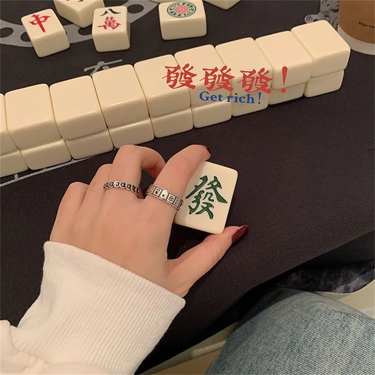 eng Shui Mantra Protection Wealth Ring Vintage Mahjong Finger Ring Amulet Wealth Lucky Opening Adjustable Ring Buddhist Jewelry view 4
