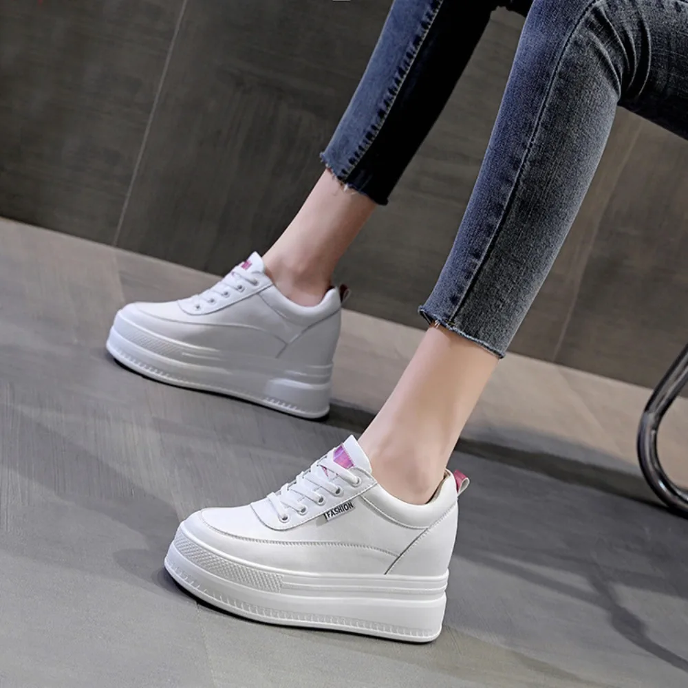Sneakers Women's New Four Season Thick Soled Inner Height Increase Leather Women's Shoes Mesh White Shoes Casual Sports Shoes image 4