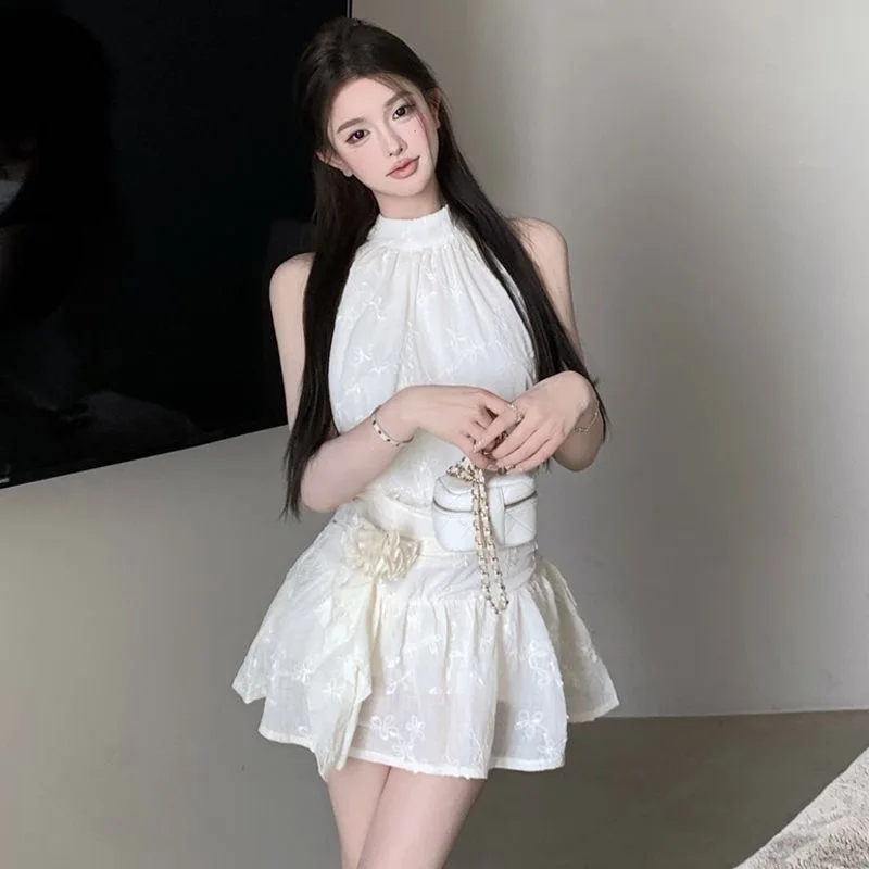 France Sweet Sleeveless Party 2-piece Set Women Summer Design Chic Thin Slim Off Shoulder Tops + High Waist Ruffle Short Skirt