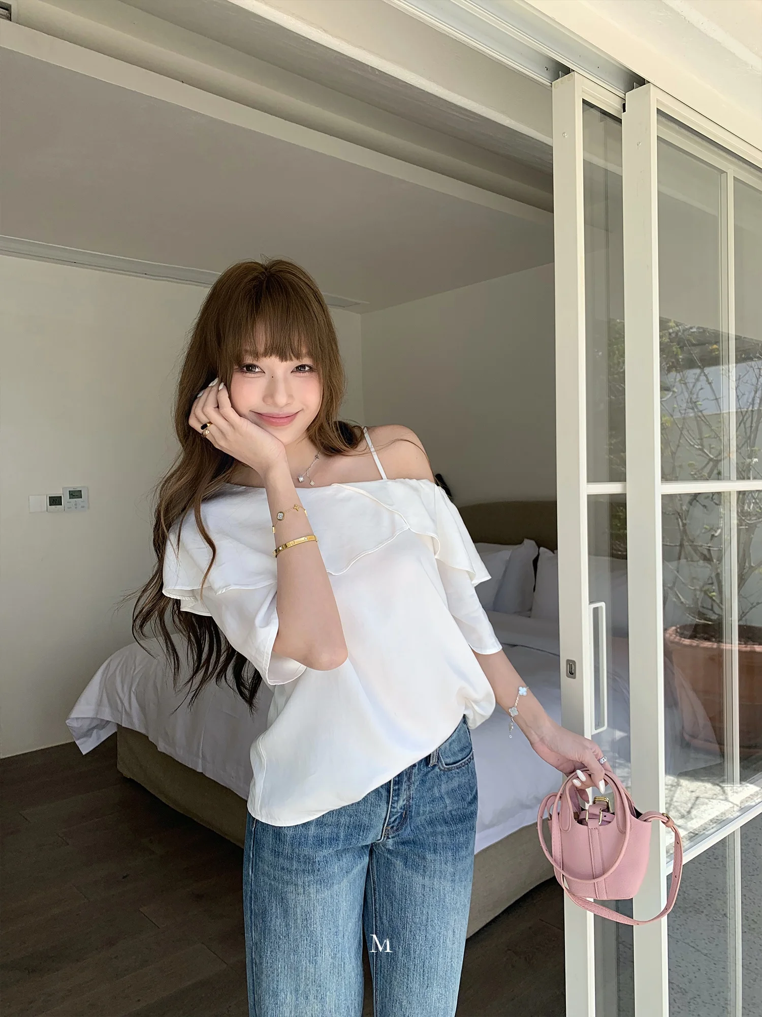 

ChenMiFan Moonlight Wheat Field 100% Lyocell Women's Shirt Shoulder Bared Satin Feel Casual Loose Fit Summer Fashion