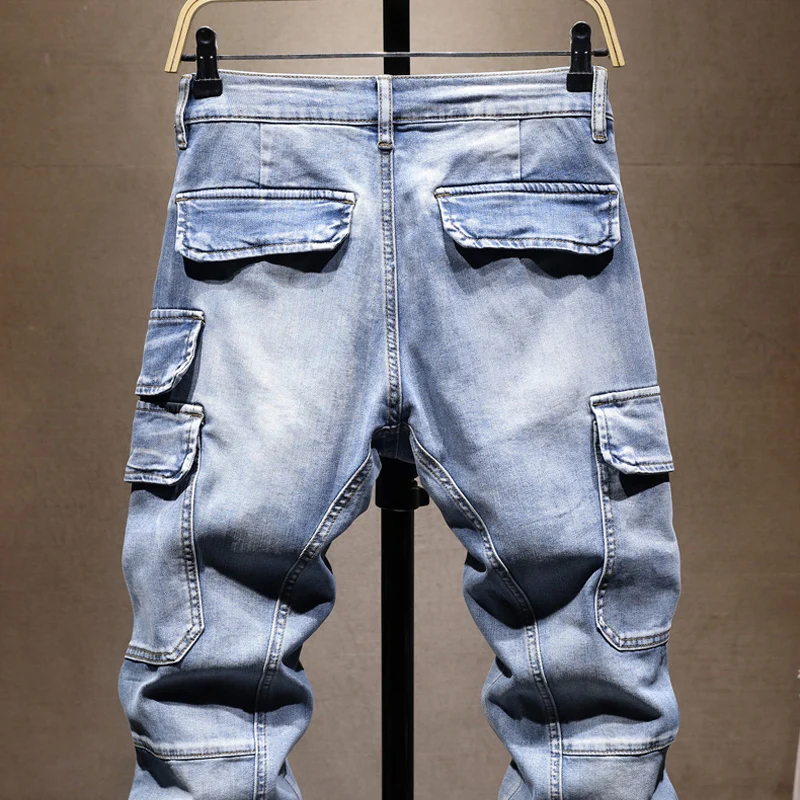 الشارع مصمم الأزياء الرجال الجينز الرجعية الأزرق تمتد سليم صالح متعدد جيوب الدنيم البضائع السراويل Hombre تقسم الهيب هوب السائق الجينز