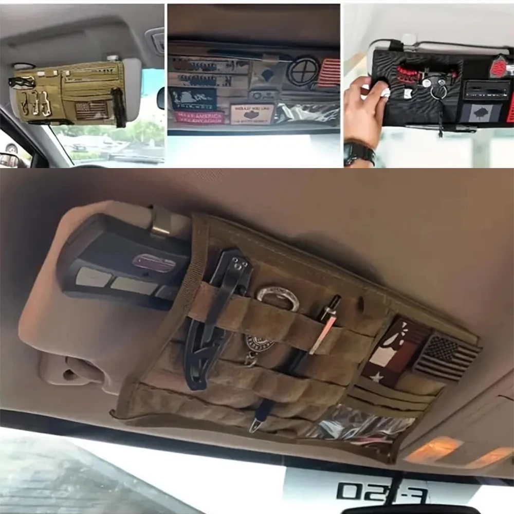 Tactical Car Sun Visor Organizer, Molle Webbing Storage Pouch, Multi-Pocket Auto Interior Holder for Cards Pens Tools