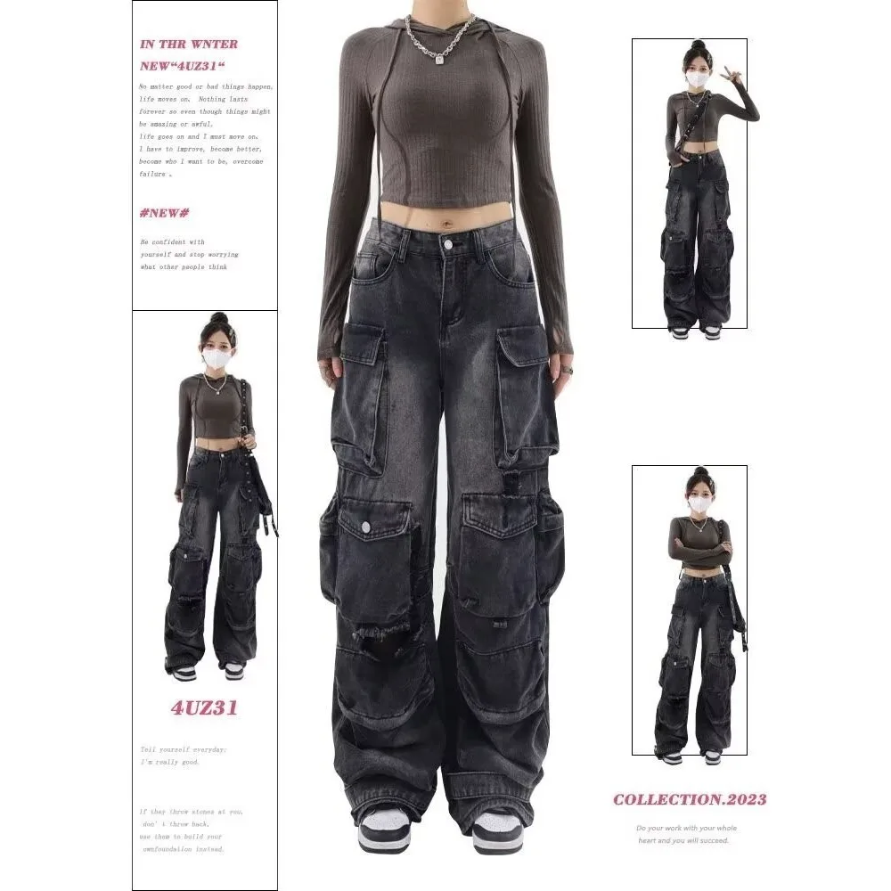 

Y2k 2000s Baggy Jeans Women Black Gothic Harajuku Aesthetic Denim Trousers KPOP Safari Punk Pants Vintage Woman Clothing Clothes