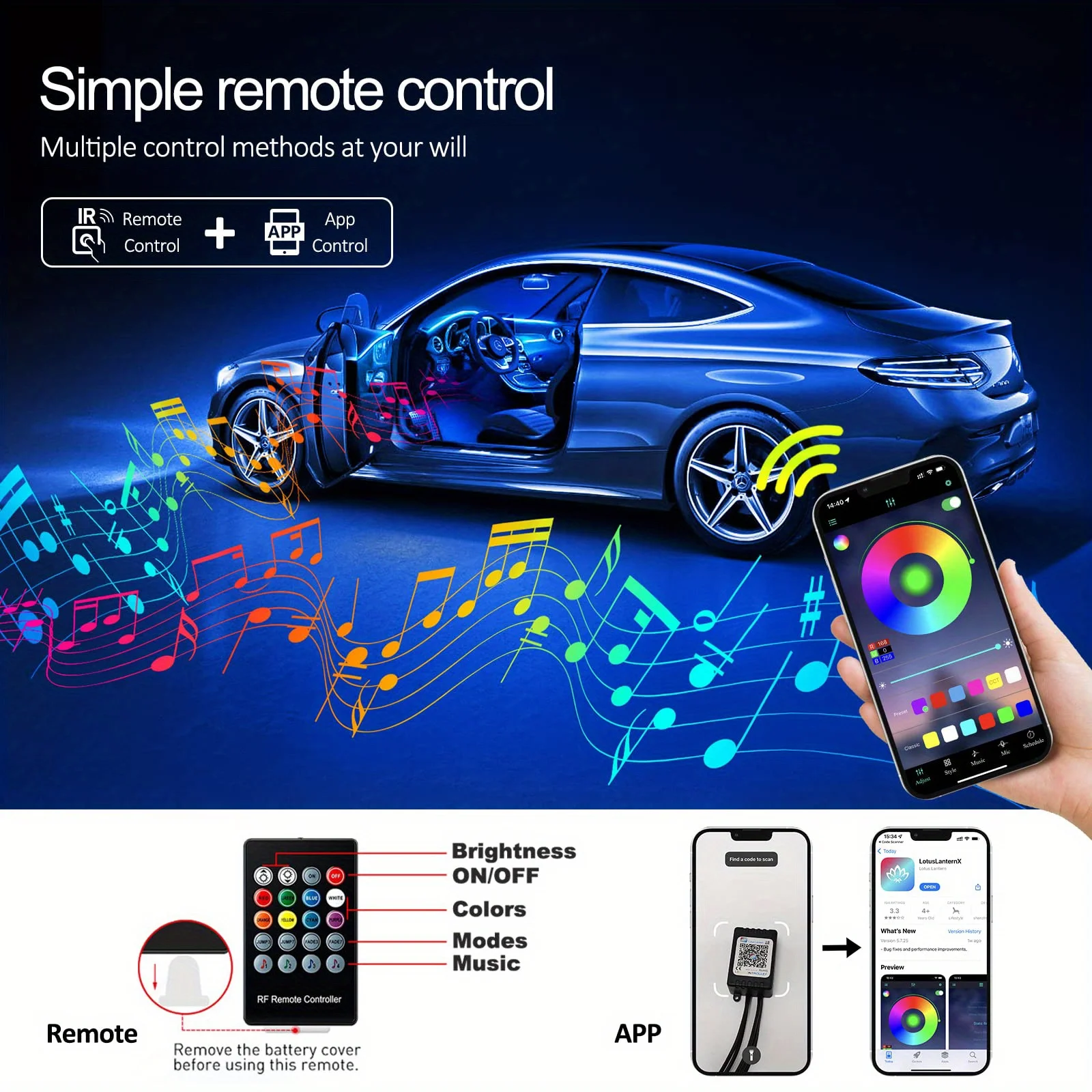

Car Ambient LED Interior Light Strip RGB 48 Colors APP Control Music Sync Foot Lights for SUV Sedan Truck 12V DIY Decorative Kit