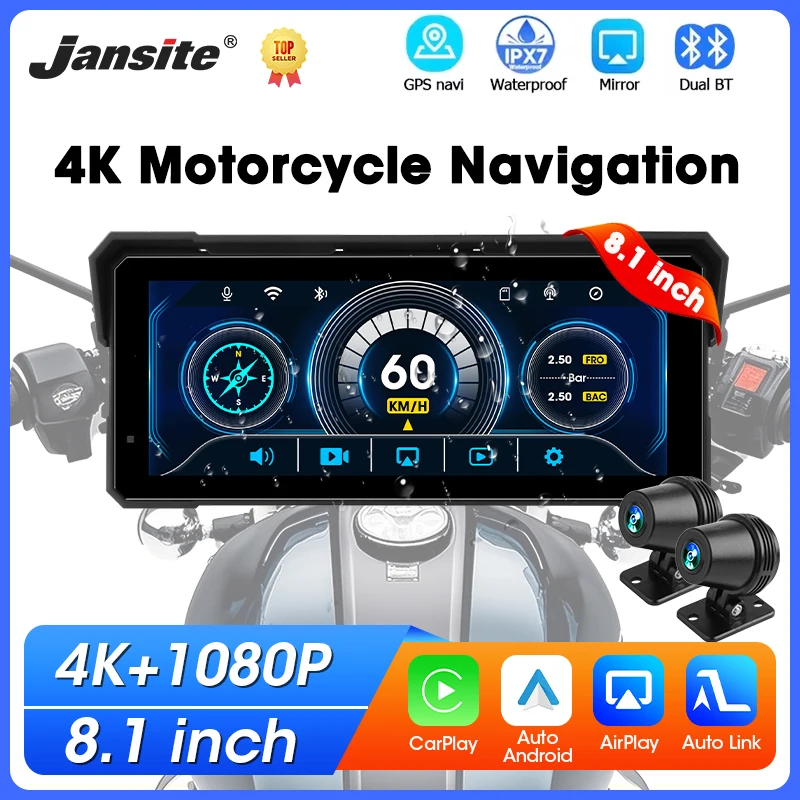 

8.1 inch Motorcycle Carplay GPS Navigation Wireless Carplay Android Auto Moto DVR 4K+1080P Dual Lens IPX7 Waterproof Display