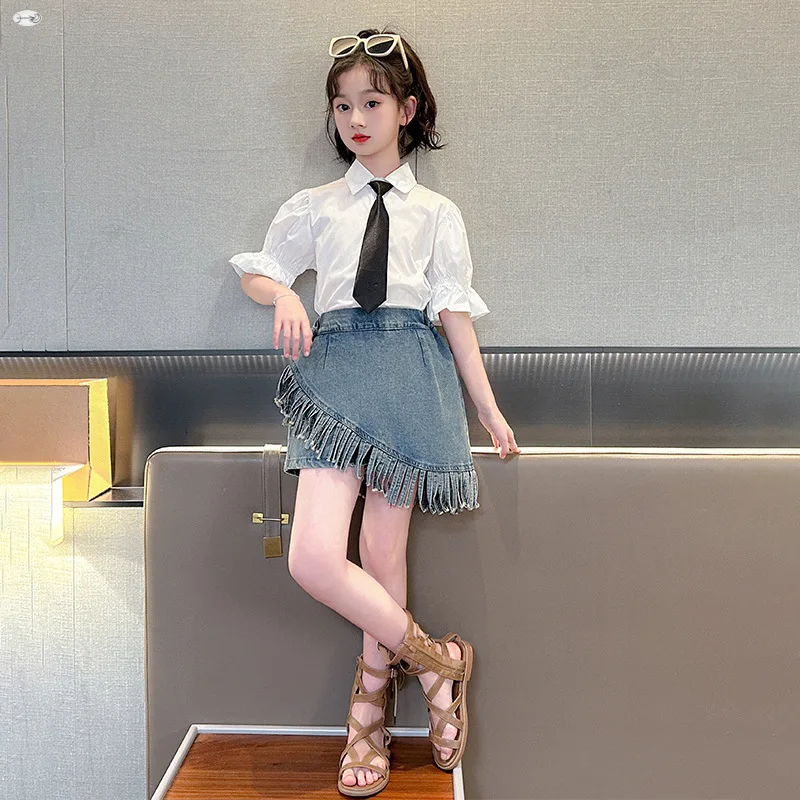 2025 الصيف ألف خط مرونة الخصر الفتيات الفتيات الدنيم السراويل التحيز شرابة تنورة الأطفال المراهقين رقيقة الركبة الملابس 4 5 8 10 12 سنة #2