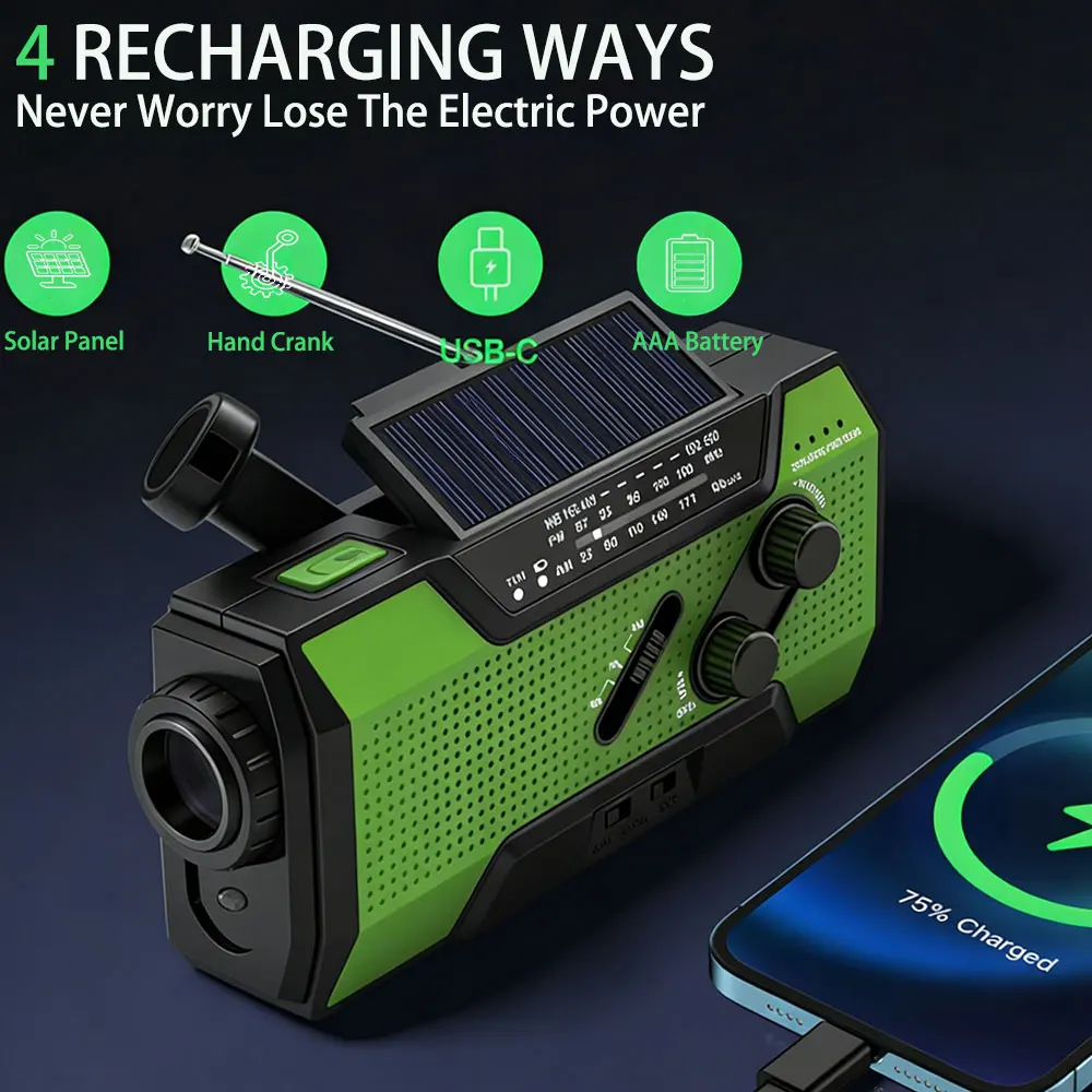 

Аварийное метеорологическое радио, портативное FM-радио, солнечная зарядка со светодиодными фонариками AM/FM/NOAA, лампа для чтения, сигнализация SOS