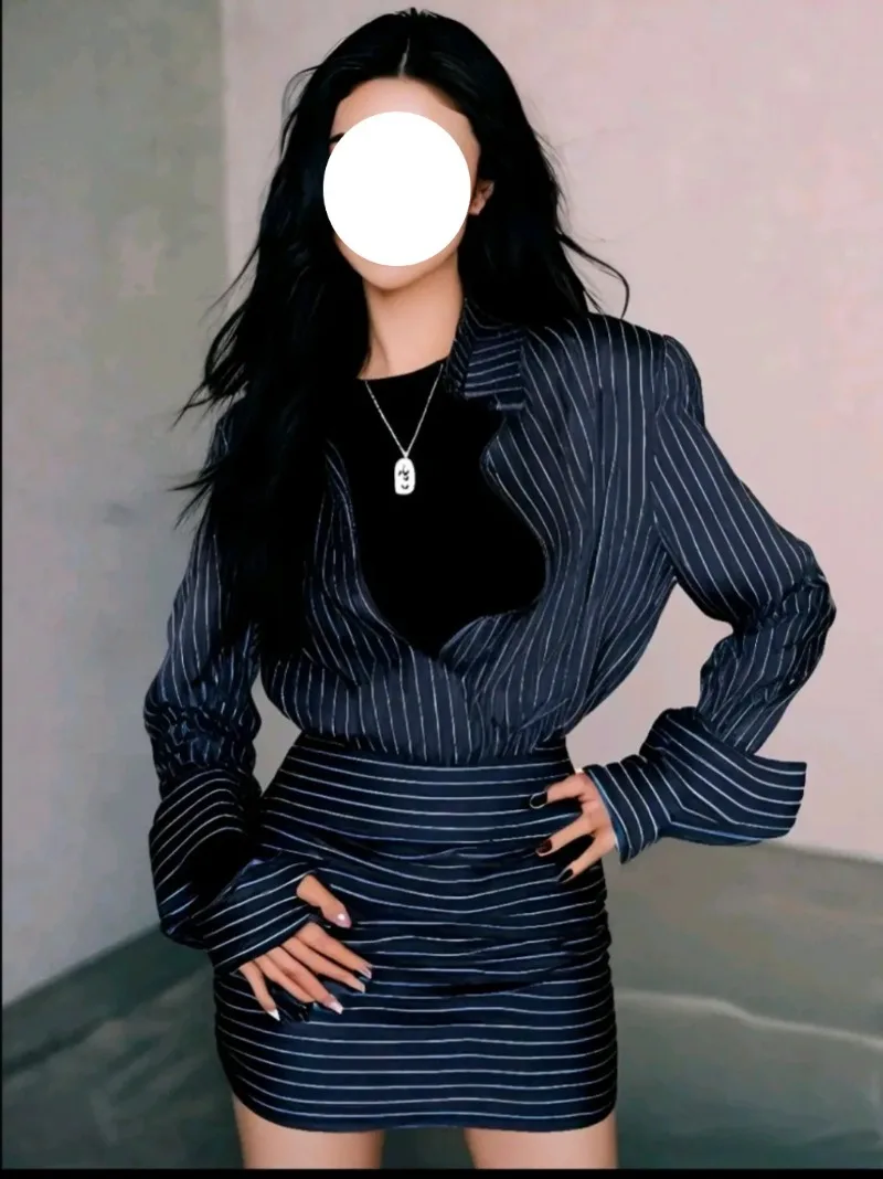 فستان قميص نسائي مخطط بأكمام طويلة فستان قميص الورك المعانقة تنورة قصيرة مكتب سيدة مثير سليم صالح فستان الكورية نمط 2025 #3