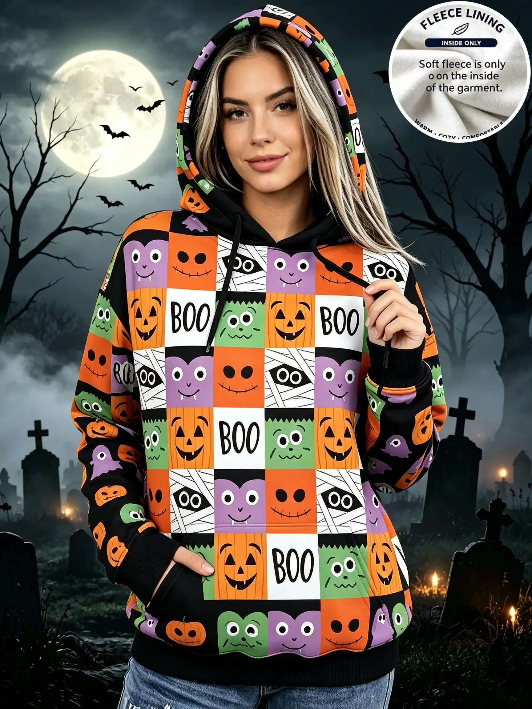 Women Colorful Checkered Halloween Cute Ghost Face Pumpkin Square Print Hoodie Warm Fleece Lined Drawstring Pocket Pullover
