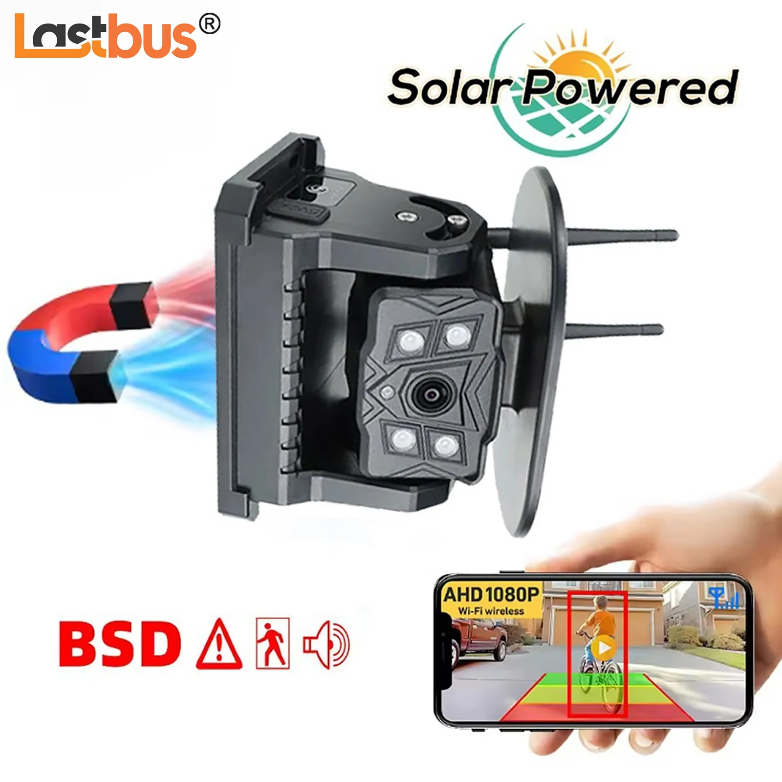 

Lastbus FHD WIFI Solar Backup Camera Rechargeable Battery Powered Hitch Magnetic Base APP Rear View Camera & BSD Ai Detection