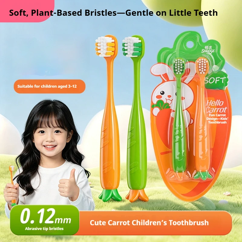 4/2 Sets of Random Color Packs (1 Set of 2 Brushes) Cartoon Carrot-Shaped Handle Children's Toothbrushes for Babies and Students, Suitable for Home Use, Various Settings, and Gift-Giving