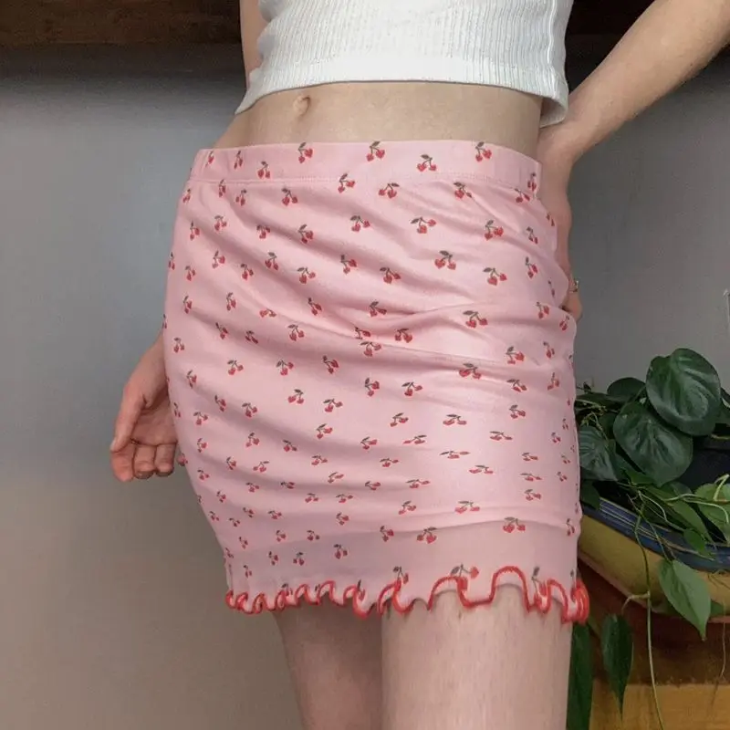 Mini Skirt Cherry Print Straight Y2K Women'S Cute High Waist Mesh Patchwork Double Layer Ruched Short Skirts Women