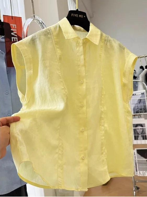 

Ele Summer Cotton Linen ort Sve Turn-down Collar Top Women's Faion Casual Comfortable Breathable High-end Feeling