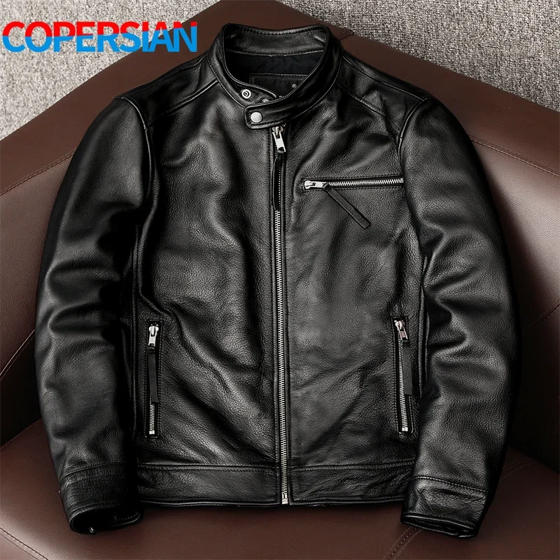 New trendy pure top layer soft cowhide genuine leather jacket men's slim-fit stand-up collar leather jacket coat