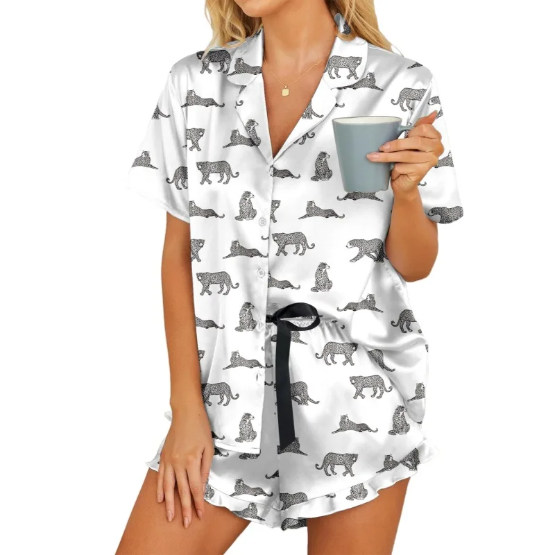 الصيف طباعة الحلو بيجامة من الحرير المرأة قصيرة الأكمام السراويل ملابس خاصة 2 قطعة الحرير الساتان Pjs مجموعة تي شيرتات قصيرة للأطفال زر أسفل المتسكعون S-XL